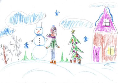 Çocuk çizimi. Çocuklar Noel ağacının dışında karla oynarlar. Tatil, tatil, yeni yıl, Noel. Çocukça bir kalem sanatı