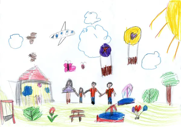 Dışarıda yürürken mutlu bir ailenin çocuk çizimi. Çocukça bir kalem sanatı