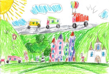 Çocuk binalar ve arabalar çiziyor. Yürüyüşe çıkmış mutlu bir aile. Şehirdeki insanların hayatları. Çocukça bir kalem sanatı