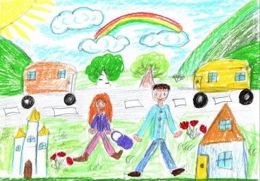 Çocuk binalar ve arabalar çiziyor. Yürüyüşe çıkmış mutlu bir aile. Şehirdeki insanların hayatları. Çocukça bir kalem sanatı