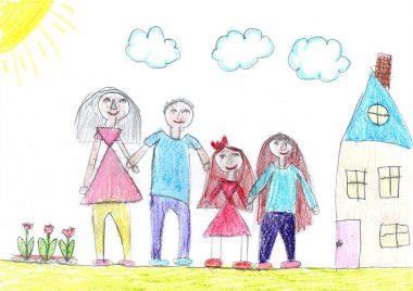 Dışarıda yürürken mutlu bir ailenin çocuk çizimi. Çocukça bir kalem sanatı