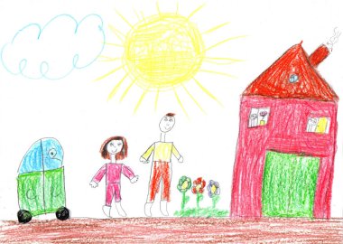 Çocuk binalar ve arabalar çiziyor. Yürüyüşe çıkmış mutlu bir aile. Şehirdeki insanların hayatları. Çocukça bir kalem sanatı