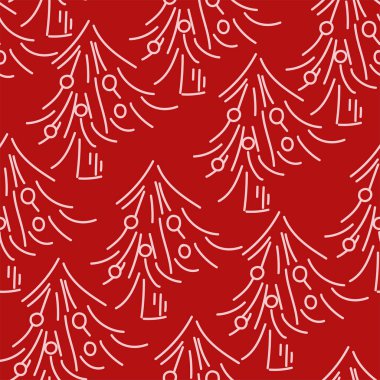 Vektör. Elle çizilmiş kusursuz noel şablonu, doğrusal noel ağacı arka planı. Typographic ürünleri için şablonlar tasarla. Markalaşma, kapak, kartpostal, ambalaj kağıdı için minimalizm.