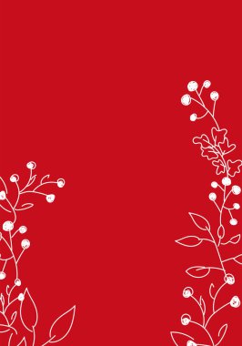 Vektör. Mutlu Noeller ve mutlu yeni yıl çiçekleri, metin için fotokopi alanı. Noel kartları için kırsal çerçeve şablonu, düğün davetiyeleri, parti davetiyeleri. Elle çizilmiş çizim.