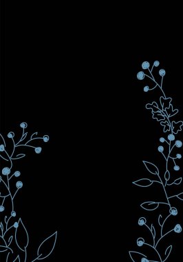 Vektör. Mutlu Noeller ve mutlu yeni yıl çiçekleri, metin için fotokopi alanı. Noel kartları için kırsal çerçeve şablonu, düğün davetiyeleri, parti davetiyeleri. Elle çizilmiş çizim.