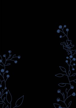 Vektör. Mutlu Noeller ve mutlu yeni yıl çiçekleri, metin için fotokopi alanı. Noel kartları için kırsal çerçeve şablonu, düğün davetiyeleri, parti davetiyeleri. Elle çizilmiş çizim.