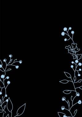 Vektör. Mutlu Noeller ve mutlu yeni yıl çiçekleri, metin için fotokopi alanı. Noel kartları için kırsal çerçeve şablonu, düğün davetiyeleri, parti davetiyeleri. Elle çizilmiş çizim.