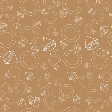 Vector. Seamless love pattern with hand drawn outline engagement ring and diamond. Sketch in cartoon style. Graphic print for postcards, invitations, textiles, packaging for Valentine's Day.
