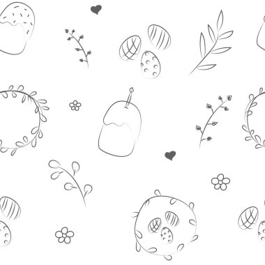 Vektör çizimi. Sevimli el çizimi monokrom dikişsiz desen. Paskalya doğrusal sembollü şenlikli arka plan. Kartpostalların, afişlerin, tekstil ürünlerinin, duvar kağıtlarının ve diğer promosyon ürünlerinin tasarımı.