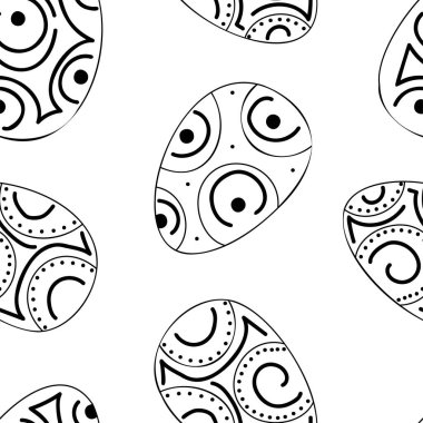 Vektör çizimi. Etnik el, tek renkli, dikişsiz desen çizmiş. Paskalya doğrusal yumurtaları ile şenlikli arka plan. Kartpostalların, afişlerin, tekstil ürünlerinin, duvar kağıtlarının ve diğer promosyon ürünlerinin tasarımı.