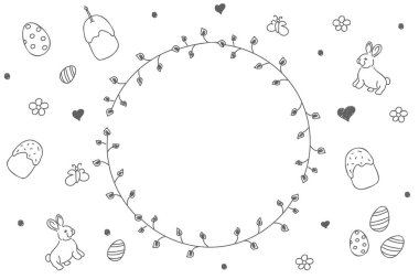 Vektör. Paskalya 'da tavşanlarla, paskalya yumurtalarıyla birlikte güzel bir el çizmiş. Paskalya doğrusal sembollü şenlikli arka plan. Uzayı metin için kopyala. Tasarım kartları, pankartlar ve diğer promosyon ürünleri.