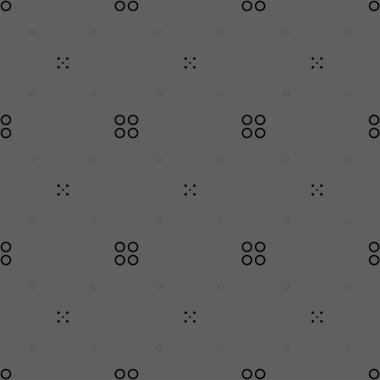 Vektör çizimi. Geometrik dikişsiz desen. Sıralardaki katı noktalar ve doğrusal daireler eşkenar dörtgen şeklini oluşturur. Benekli gri, siyah beyaz arka plan. Basit monokrom soyut desen.