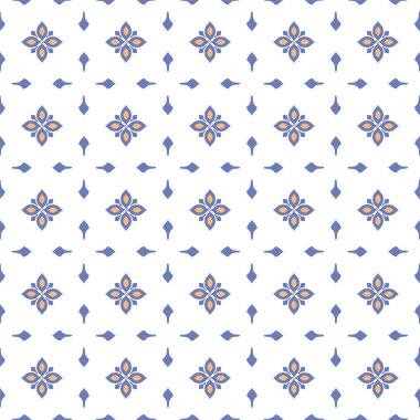 Vektör. Yama işi tarzında kusursuz Akdeniz geometrik deseni. Talavera şablonu. Portekiz Azulejo 'su. Türk dekorasyonu. Fas mozaiği. İspanyol porseleni. Seramik yemekler, halk süsleri..