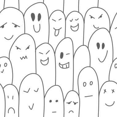 Vektör. Gri, siyah ve beyaz kontrast deseni. Korkunç kötü cadılar bayramı geçmişi. Çizgi film tarzında el çizimi hayaletler. Tekrar eden duvar kâğıdı, çizim. Hediye paketi tasarımı, hediye kağıdı..