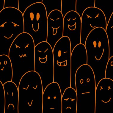 Vektör. Renkli kontrastsız desen. Korkunç kötü cadılar bayramı geçmişi. Çizgi film tarzında el çizimi hayaletler. Tekrar eden duvar kâğıdı, çizim. Hediye paketi tasarımı, hediye kağıdı. Mutlu Cadılar Bayramı.