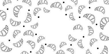 Vektör çizimi. Katılım şekli. Pastalar, çörekler, kruvasanlar, eskiz tarzında kurabiyeler. El yapımı yemek elementleri. Tatlılar ve tatlılar metin için kopya alanı ile yiyecek karalama arkaplanı.