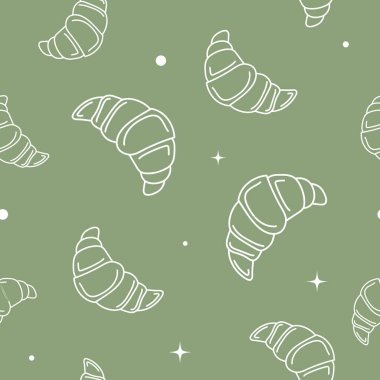 Vektör çizimi. Şirin kruvasan taslak tarzında kusursuz bir model. El yapımı yemek elementleri. Tekstil, duvar kağıdı, ambalaj kağıdı ve ambalaj kağıtları için tatlı ve tatlı şenlikli desen.