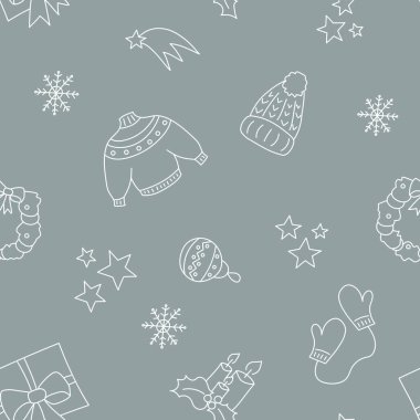 Vektör çizimi. Mutlu yıllar ve mutlu noeller, el çizimi yeni yıl ve noel sembolleri eşkâl tarzında. Tekstil, duvar kağıdı, ambalaj, ambalaj kağıdı için şenlik deseni.