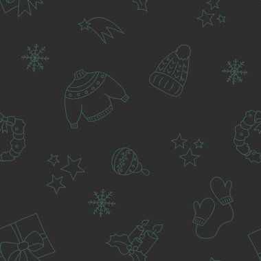 Vektör çizimi. Mutlu yıllar ve mutlu noeller, el çizimi yeni yıl ve noel sembolleri eşkâl tarzında. Tekstil, duvar kağıdı, ambalaj, ambalaj kağıdı için şenlik deseni.