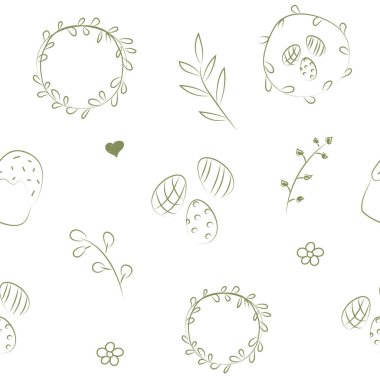 Vektör çizimi. Güzel el çizimi, pürüzsüz desen. Paskalya doğrusal sembollü şenlikli arka plan. Kartpostallar, pankartlar, ambalajlar, tekstil, duvar kağıtları ve diğer promosyon ürünleri tasarımı.