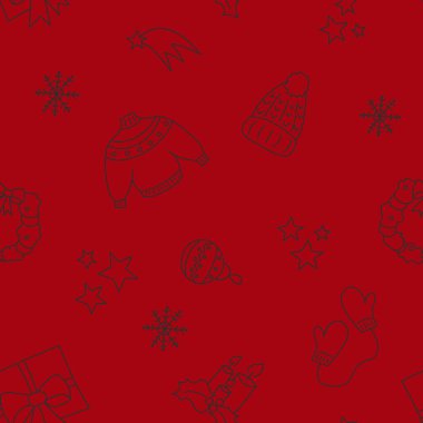 Vektör çizimi. Mutlu yıllar ve mutlu noeller, el çizimi yeni yıl ve noel sembolleri eşkâl tarzında. Tekstil, duvar kağıdı, ambalaj, ambalaj kağıdı için şenlik deseni.