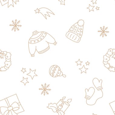 Vektör çizimi. Mutlu yıllar ve mutlu noeller, el çizimi yeni yıl ve noel sembolleri eşkâl tarzında. Tekstil, duvar kağıdı, ambalaj, ambalaj kağıdı için şenlik deseni.