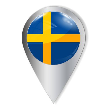  Vektör çizimi. Işıklı ve gölgeli bir düğme. Coğrafi konum simgesi. İsveç bayrağı. Kullanıcı arayüzü ögesi. Bir dizi hatıra ülkesi..