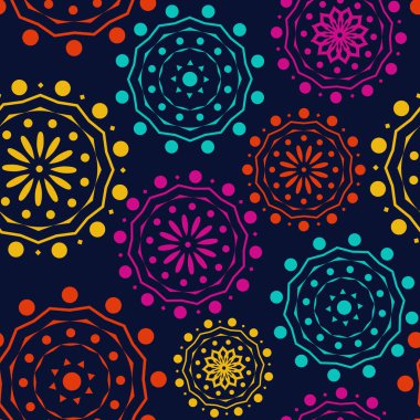 Vektör. Delinmiş geometrik desenler Papel Picado deseni. Hispanik Miras Ayı. Poster, kapak, sosyal ağ; tekstil, duvar kağıdı, ambalaj, ambalaj kağıdı için çokgen biçimsiz desen.