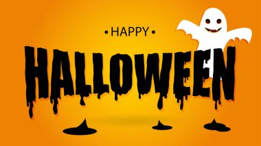 Vektör çizimi. Cadılar Bayramı indiriminiz kutlu olsun ya da turuncu ve mavi arka planda dolunay, uçan yarasalar, örümcekler, hayaletler olan parti davetiyeniz. Cadılar Bayramı sıvı harfleri. Metin tasarımı.