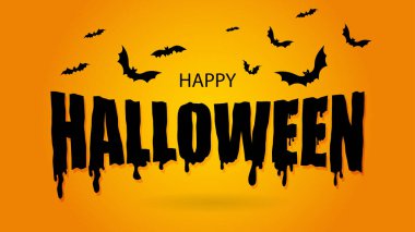 Vektör çizimi. Cadılar Bayramı indiriminiz kutlu olsun ya da turuncu ve mavi arka planda dolunay, uçan yarasalar, örümcekler, hayaletler olan parti davetiyeniz. Cadılar Bayramı sıvı harfleri. Metin tasarımı.