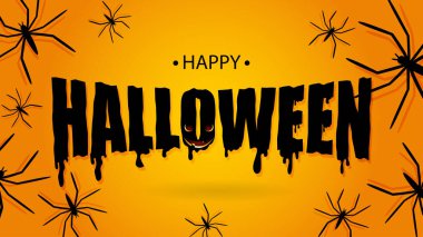 Vektör çizimi. Cadılar Bayramı indiriminiz kutlu olsun ya da turuncu ve mavi arka planda dolunay, uçan yarasalar, örümcekler, hayaletler olan parti davetiyeniz. Cadılar Bayramı sıvı harfleri. Metin tasarımı.