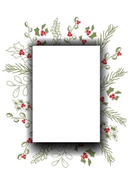 Vektör çizimi. Mutlu Noeller ve mutlu yeni yıl çiçekleri, metin için fotokopi alanı. Noel kartları için rostat şablonu, düğün davetiyeleri, parti davetiyeleri. El çizimi çizim.