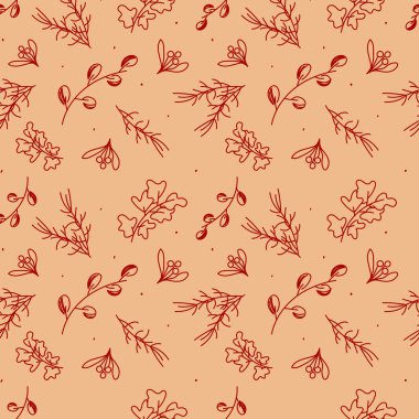 Vektör. Mutlu Noeller, yapraklı, dutlu, kutsal ve ladin dallı kusursuz yeni yıl şablonu. Kırsal kış geçmişi. Paket kağıdı, tebrik kartı, tekstil, markalaşma için tasarım.