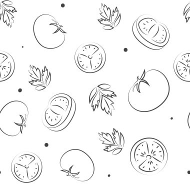 Vektör çizimi. Sulu yaz geçmişi. Kusursuz yarımlar, dilimler ve domates yaprakları. Eskiz stili. Mutfak temaları için kusursuz bir şablon içinde el yapımı mutfak malzemeleri..