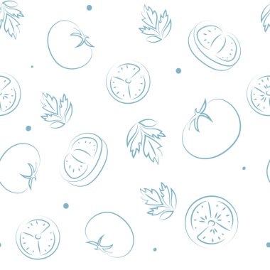 Vektör çizimi. Sulu yaz geçmişi. Kusursuz yarımlar, dilimler ve domates yaprakları. Eskiz stili. Mutfak temaları için kusursuz bir şablon içinde el yapımı mutfak malzemeleri..