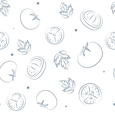 Vektör çizimi. Sulu yaz geçmişi. Kusursuz yarımlar, dilimler ve domates yaprakları. Eskiz stili. Mutfak temaları için kusursuz bir şablon içinde el yapımı mutfak malzemeleri..