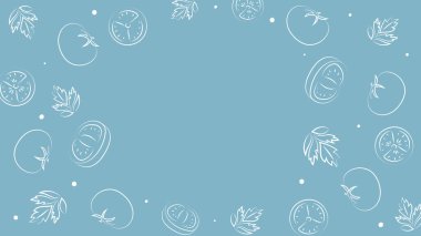 Vektör çizimi. Sulu yaz arkaplanı ve metin için fotokopi alanı. Yarı yarıya, dilimler ve domates yaprakları. Eskiz stili. Mutfak teması için el çizimi mutfak malzemeleri şablonu.