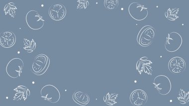 Vektör çizimi. Sulu yaz arkaplanı ve metin için fotokopi alanı. Yarı yarıya, dilimler ve domates yaprakları. Eskiz stili. Mutfak teması için el çizimi mutfak malzemeleri şablonu.