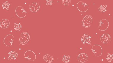 Vektör çizimi. Sulu yaz arkaplanı ve metin için fotokopi alanı. Yarı yarıya, dilimler ve domates yaprakları. Eskiz stili. Mutfak teması için el çizimi mutfak malzemeleri şablonu.