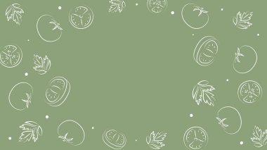 Vektör çizimi. Sulu yaz arkaplanı ve metin için fotokopi alanı. Yarı yarıya, dilimler ve domates yaprakları. Eskiz stili. Mutfak teması için el çizimi mutfak malzemeleri şablonu.