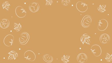 Vektör çizimi. Sulu yaz arkaplanı ve metin için fotokopi alanı. Yarı yarıya, dilimler ve domates yaprakları. Eskiz stili. Mutfak teması için el çizimi mutfak malzemeleri şablonu.