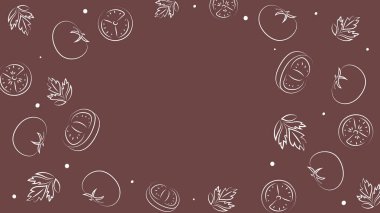 Vektör çizimi. Sulu yaz arkaplanı ve metin için fotokopi alanı. Yarı yarıya, dilimler ve domates yaprakları. Eskiz stili. Mutfak teması için el çizimi mutfak malzemeleri şablonu.