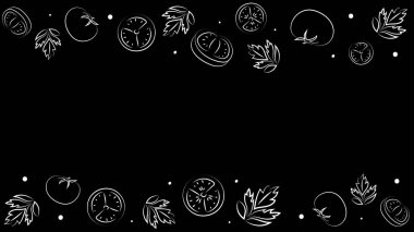 Vektör çizimi. Sulu yaz arkaplanı ve metin için fotokopi alanı. Yarı yarıya, dilimler ve domates yaprakları. Eskiz stili. Mutfak teması için el çizimi mutfak malzemeleri şablonu.