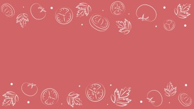 Vektör çizimi. Sulu yaz arkaplanı ve metin için fotokopi alanı. Yarı yarıya, dilimler ve domates yaprakları. Eskiz stili. Mutfak teması için el çizimi mutfak malzemeleri şablonu.