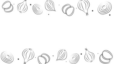 Vektör çizimi. Metin için kopyalama alanı olan sulu sebze arkaplanı. Yarı yarıya, dilimler ve soğan halkaları. Eskiz stili. Mutfak teması için el çizimi mutfak malzemeleri şablonu.