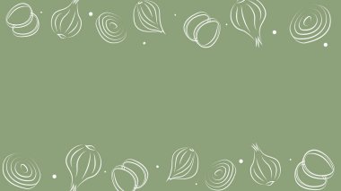 Vektör çizimi. Metin için kopyalama alanı olan sulu sebze arkaplanı. Yarı yarıya, dilimler ve soğan halkaları. Eskiz stili. Mutfak teması için el çizimi mutfak malzemeleri şablonu.