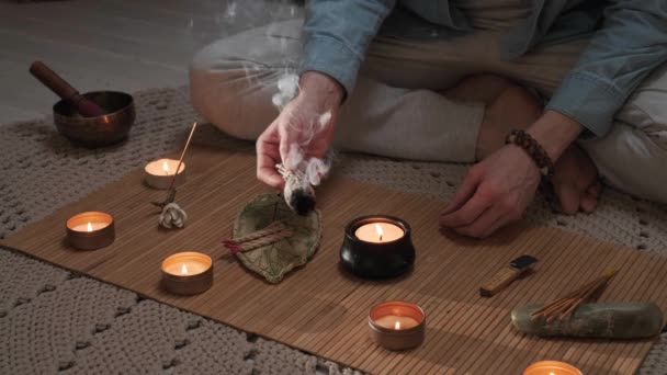 Preparing Space Esoteric Practice Lighting Sage Incense Perfect Spiritual Meditation — Video Stock