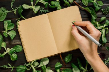 Yeşil yaprakların yanında boş sayfalar ve yemek tarifi için yemek malzemeleri. Metin için tahta arkaplanda kopyalama alanı olan üst görünüm