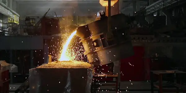 Metaalgietproces Hoogoven Metallurgische Fabriek Fabriek Vloeibaar Ijzer Gesmolten Metaal Gieten — Stockfoto