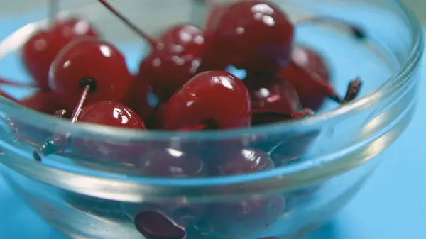 Cherries Glass Bowl Blue Background Close — Stock Photo, Image
